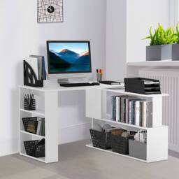 HOMCOM Corner Computer Desk with 360° Rotating Design & Bookshelf, White - Size: 120 cm
