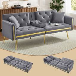 ModernLuxe Convertible 2-seater sofa bed with adjustable backrest & cup holders in Grey - thumbnail 2