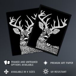 "Artery8 Deer Black White Tribal Pattern Stag Design Wall Art Print - Size: W24"" x H32""" - thumbnail 2