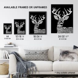 "Artery8 Deer Black White Tribal Pattern Stag Design Wall Art Print - Size: W24"" x H32""" - thumbnail 3