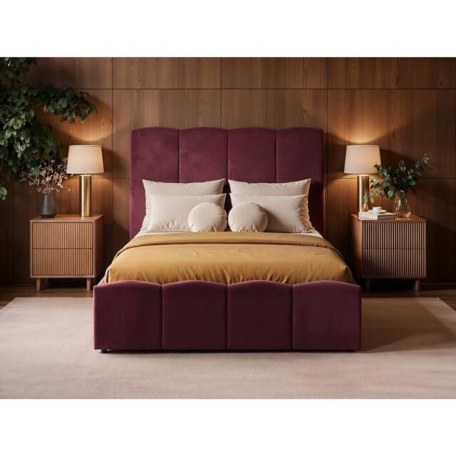 Solace+Co Enrica Upholstered Panel Bed Frame with Statement Headboard in Burgundy - Size: King - image 1