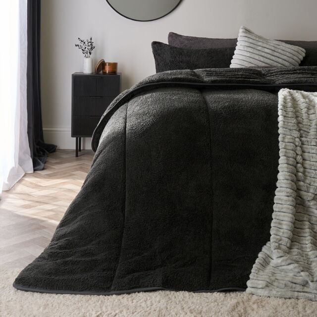 OHS Teddy Fleece 10.5 TOG Coverless Duvet with Pillowcase Bedding Set in Charcoal - Size: Double - image 1