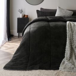 OHS Teddy Fleece 10.5 TOG Coverless Duvet with Pillowcase Bedding Set in Charcoal - Size: Double - thumbnail 1