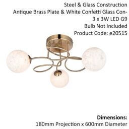 Loops Antique Brass Semi Flush Ceiling Light & Confetti Glass Shades - Multi Arm Lamp in Clear - thumbnail 2