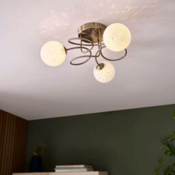 Loops Antique Brass Semi Flush Ceiling Light & Confetti Glass Shades - Multi Arm Lamp in Clear - thumbnail 3