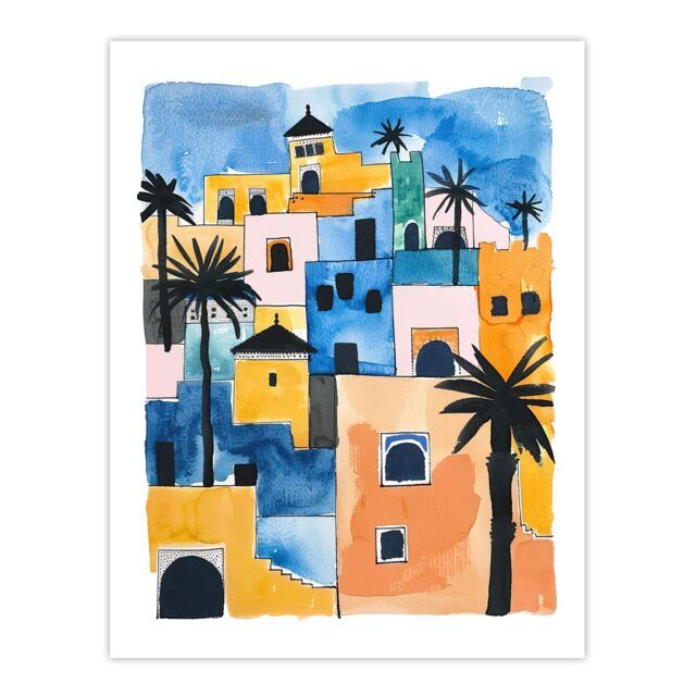 "Artery8 Morocco African Cityscape Blue Orange Watercolour Wall Art Print - Size: W24"" x H32""" - image 1