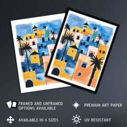 "Artery8 Morocco African Cityscape Blue Orange Watercolour Wall Art Print - Size: W24"" x H32""" - thumbnail 2