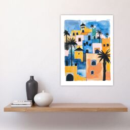 "Artery8 Morocco African Cityscape Blue Orange Watercolour Wall Art Print - Size: W24"" x H32""" - thumbnail 4