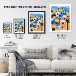 "Artery8 Morocco African Cityscape Blue Orange Watercolour Wall Art Print - Size: W24"" x H32""" - thumbnail 3