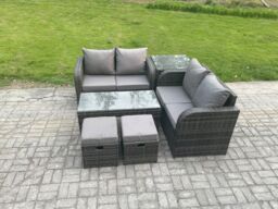 Fimous High Back Rattan Garden Furniture Set with Loveseat Sofa Coffee Table 2 Small Footstool Outdoor Patio Sofa Set in Dark Grey - thumbnail 2