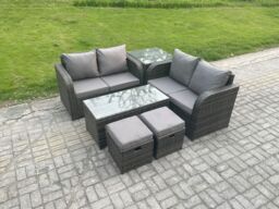 Fimous High Back Rattan Garden Furniture Set with Loveseat Sofa Coffee Table 2 Small Footstool Outdoor Patio Sofa Set in Dark Grey - thumbnail 1