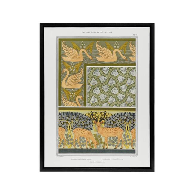 "Artery8 Swans Butterflies Deer Patterns Framed Canvas Wall Art Print Verneuil in Green - Size: W12"" x H16""" - image 1