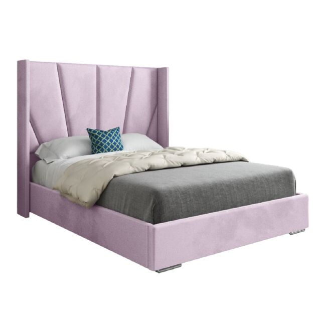 KDMD Cocoon Wide Curved Winged Upholstered Soft Velvet Designer Bed Frame in Pink - Size: Small Double - image 1