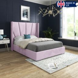 KDMD Cocoon Wide Curved Winged Upholstered Soft Velvet Designer Bed Frame in Pink - Size: Small Double - thumbnail 2