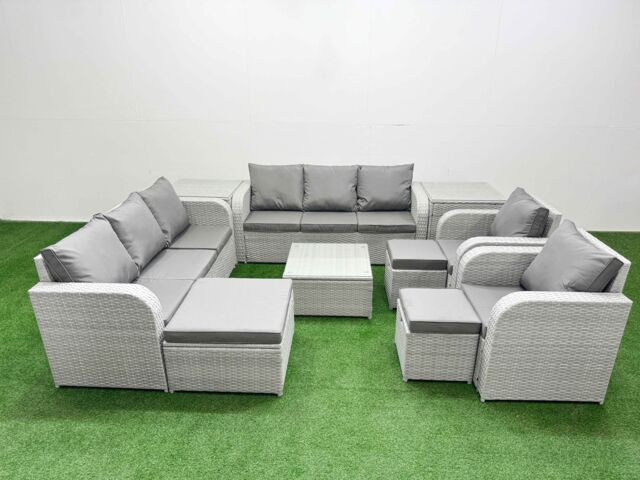 Fimous PE Rattan High Back Lounge Sofa Set Patio Square Coffee Table & Chairs Set with 3 Seater Sofa Reclining Chair 3 Stools 2 Side Table Light Grey - image 1