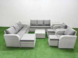 Fimous PE Rattan High Back Lounge Sofa Set Patio Square Coffee Table & Chairs Set with 3 Seater Sofa Reclining Chair 3 Stools 2 Side Table Light Grey - thumbnail 2
