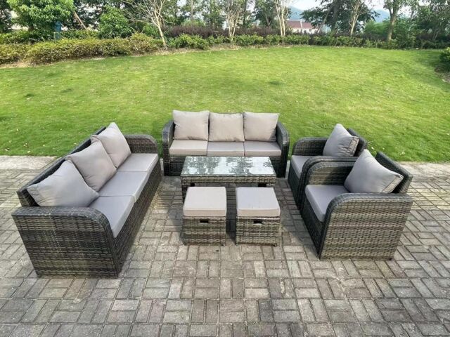 Fimous 10 Seater Dark Grey PE Rattan Garden Furniture Set Reclining Chair 3 Seater Lounge Sofa Set Coffee Table - image 1