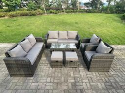 Fimous 10 Seater Dark Grey PE Rattan Garden Furniture Set Reclining Chair 3 Seater Lounge Sofa Set Coffee Table - thumbnail 1