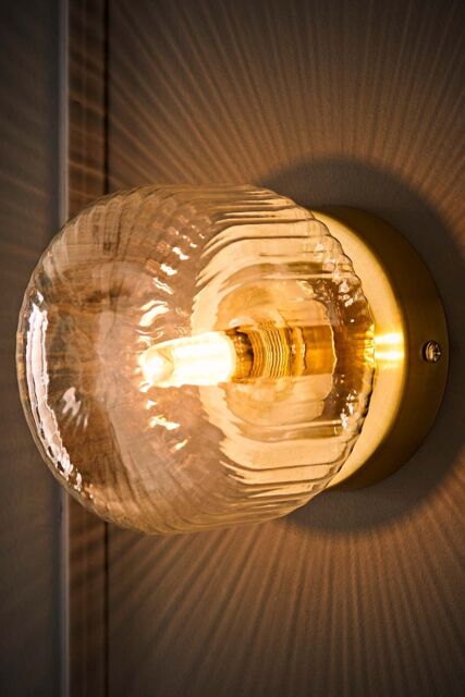 ValueLights Calpe Small Ribbed Glass Flush Ceiling Wall Light with LED Bulb in Gold - image 1