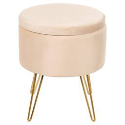 Wyld and Coco Light Beige Velvet Storage Pouffe 42 x 42 x 44 cm with Gold Metal Legs - thumbnail 3