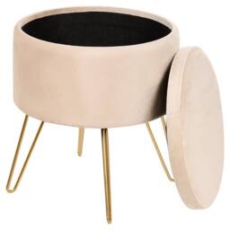 Wyld and Coco Light Beige Velvet Storage Pouffe 42 x 42 x 44 cm with Gold Metal Legs - thumbnail 5