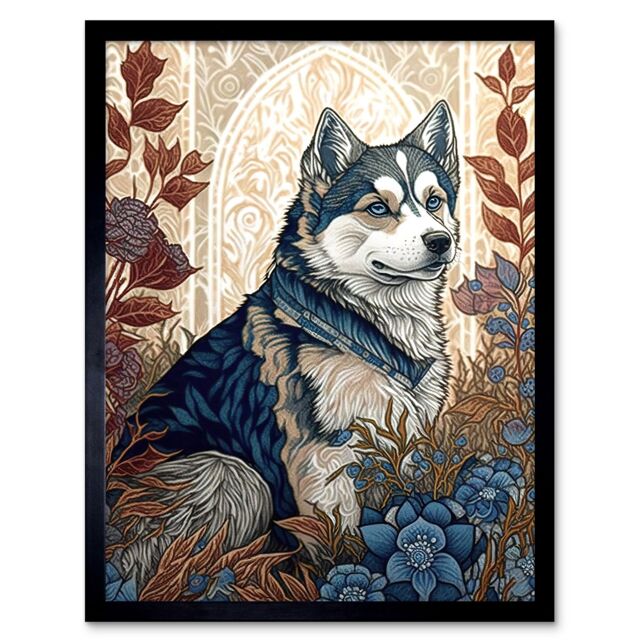 "Artery8 Wall Art Print Siberian Husky Dog in Autumn Flower Field Modern Art Nouveau Art Framed in Black - Size: W12"" x H16""" - image 1