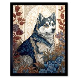 "Artery8 Wall Art Print Siberian Husky Dog in Autumn Flower Field Modern Art Nouveau Art Framed in Black - Size: W12"" x H16""" - thumbnail 1
