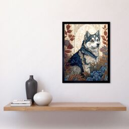 "Artery8 Wall Art Print Siberian Husky Dog in Autumn Flower Field Modern Art Nouveau Art Framed in Black - Size: W12"" x H16""" - thumbnail 2