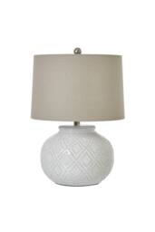 KDMD Squat White Beaded Ceramic Lamp with Linen Shade - Coastal Boho Decor