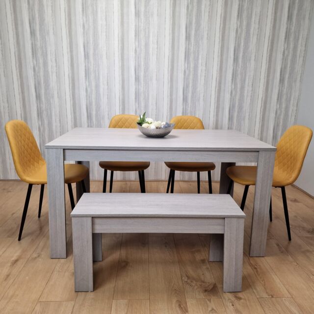 KOSY KOALA Mid Grey Dining Table with 4 Diamond Stitched Mustard Chairs & 1 Bench - image 1