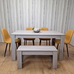 KOSY KOALA Mid Grey Dining Table with 4 Diamond Stitched Mustard Chairs & 1 Bench