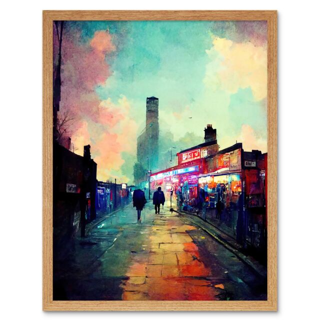 "Artery8 Wall Art Print Brick Lane London 1960's Night Street Scene Oil Painting Art Framed in Light Oak - Size: W12"" x H16""" - image 1
