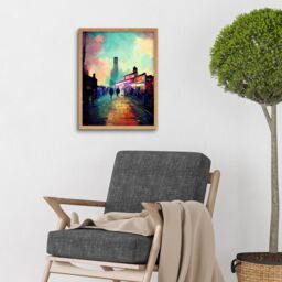 "Artery8 Wall Art Print Brick Lane London 1960's Night Street Scene Oil Painting Art Framed in Light Oak - Size: W12"" x H16""" - thumbnail 2