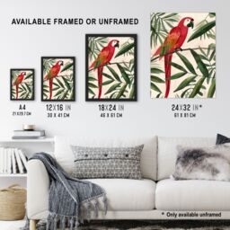 Artery8 Scarlet Macaw Parrot on Tropical Tree Branch Framed Wall Art in Green - Size: A4 - thumbnail 3