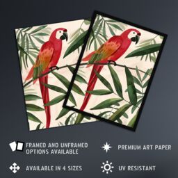 Artery8 Scarlet Macaw Parrot on Tropical Tree Branch Framed Wall Art in Green - Size: A4 - thumbnail 2