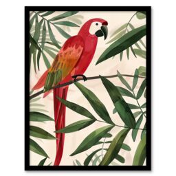Artery8 Scarlet Macaw Parrot on Tropical Tree Branch Framed Wall Art in Green - Size: A4 - thumbnail 1