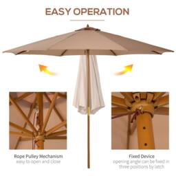 OUTSUNNY 3m Fir Wooden Garden Parasol Sun Shade Outdoor Umbrella Canopy in Khaki - thumbnail 4