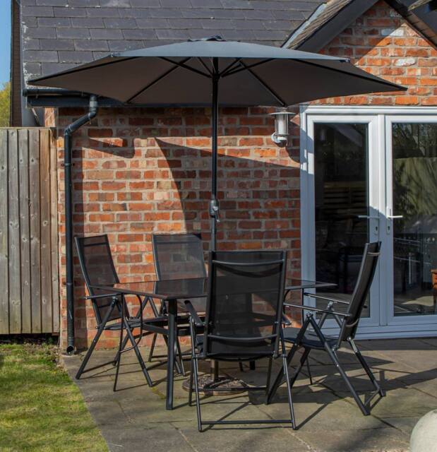 Samuel Alexander Outdoor 4 Person Glass Top Garden Table Chairs, Havana Parasol & Base in Grey - image 1