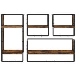Berkfield Home Decorative 4 Piece Wall Shelf Set with Bars Smoked Oak Engineered Wood in Brown - thumbnail 4