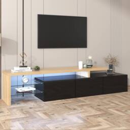 HomeTouch Modern LED Light TV Unit with Glass Shelves in Black - Size: 1 Pack - thumbnail 1