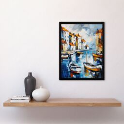 "Artery8 Boats in Harbor Fishing Town Coastal Townscape Framed Art Print - Size: W12"" x H16""" - thumbnail 4