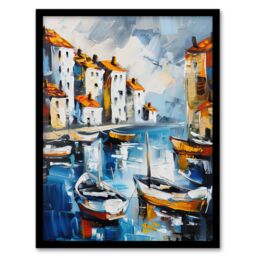 "Artery8 Boats in Harbor Fishing Town Coastal Townscape Framed Art Print - Size: W12"" x H16""" - thumbnail 1