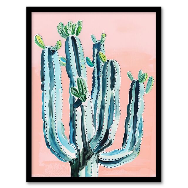 "Artery8 Desert Cactus Pastel Colour Pink Teal Watercolour Framed Wall Art - Size: W12"" x H16""" - image 1