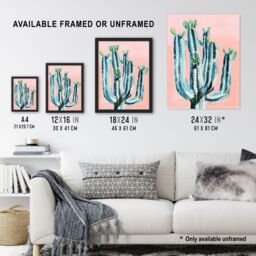 "Artery8 Desert Cactus Pastel Colour Pink Teal Watercolour Framed Wall Art - Size: W12"" x H16""" - thumbnail 3