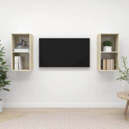 Berkfield Home Wall-mounted TV Cabinets 2 pcs Sonoma Oak Engineered Wood in Light Tan - thumbnail 2