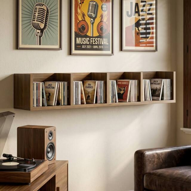 HOMCOM Wooden Wall-Mounted Storage Media Display Shelf Center Rack, Walnut - image 1