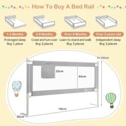 Costway 196cm Height Adjustable Bed Rail with Double Safet in Grey - thumbnail 2