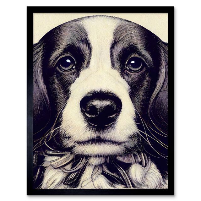 "Artery8 Wall Art Print Springer Spaniel Puppy Dog Portrait Drawing Art Framed in Black - Size: W12"" x H16""" - image 1