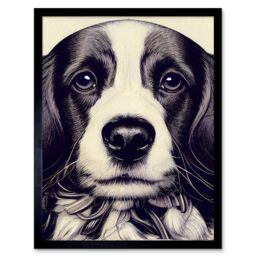 "Artery8 Wall Art Print Springer Spaniel Puppy Dog Portrait Drawing Art Framed in Black - Size: W12"" x H16""" - thumbnail 1