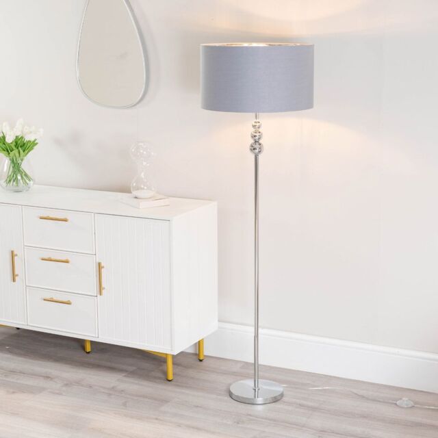 ValueLights Marissa Grey & Metallic Chrome Shade Brushed Gold Stacked Floor Lamp & Bulb - image 1